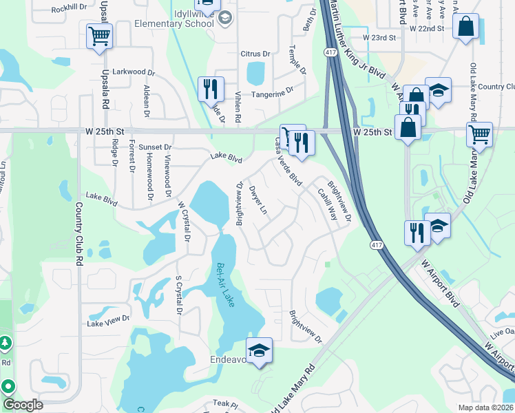 map of restaurants, bars, coffee shops, grocery stores, and more near 2569 Acuna Court in Lake Mary