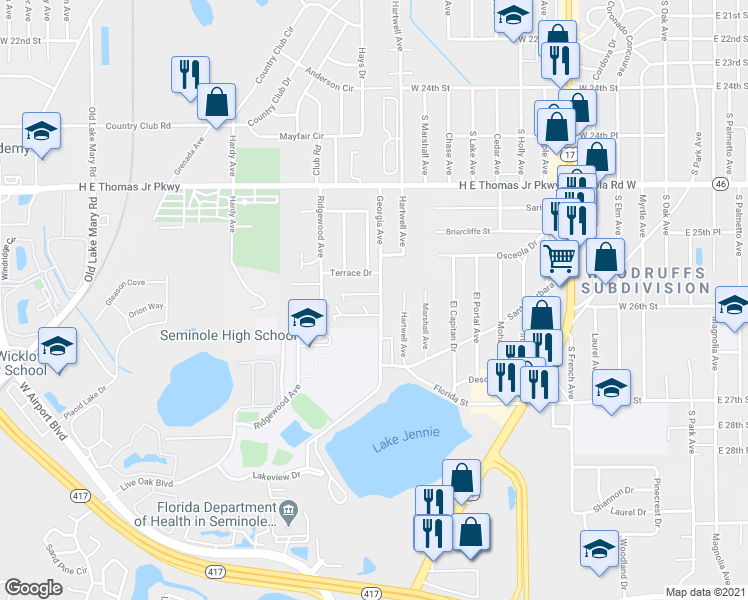 map of restaurants, bars, coffee shops, grocery stores, and more near 2530 Georgia Avenue in Sanford
