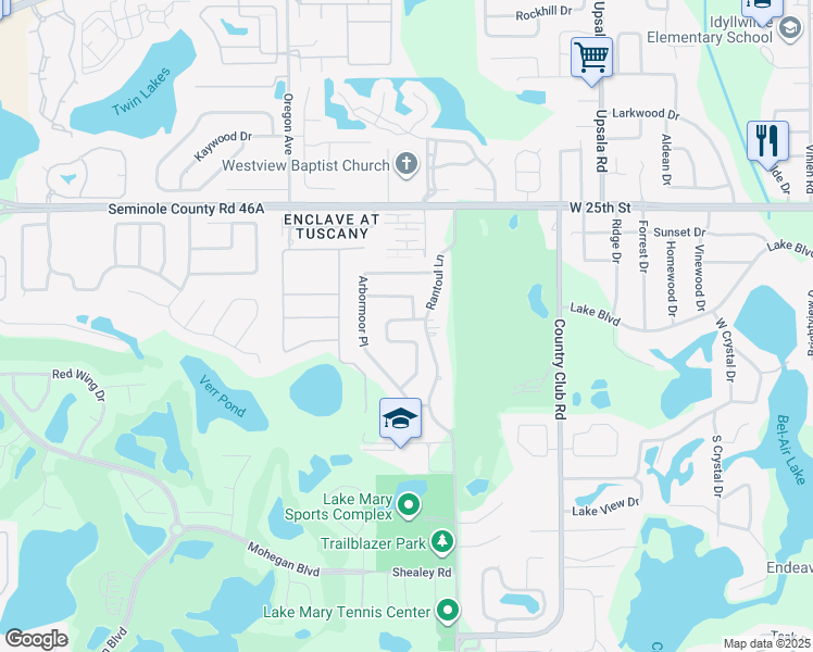 map of restaurants, bars, coffee shops, grocery stores, and more near 823 Blairmont Lane in Lake Mary