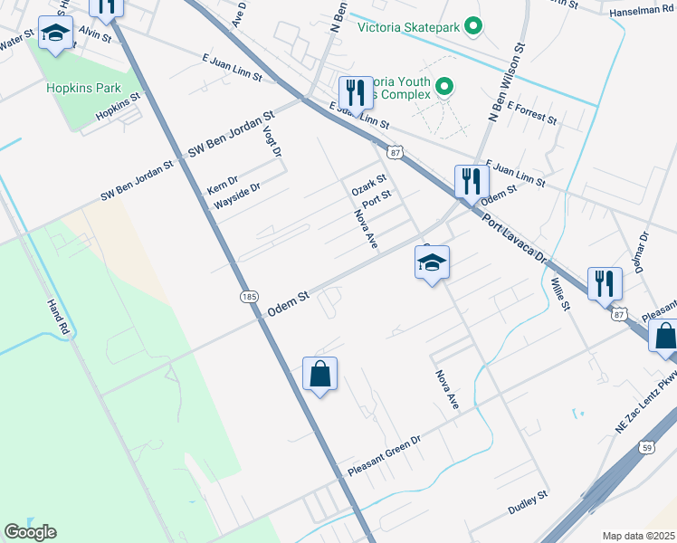 map of restaurants, bars, coffee shops, grocery stores, and more near 2302 Odem Street in Victoria
