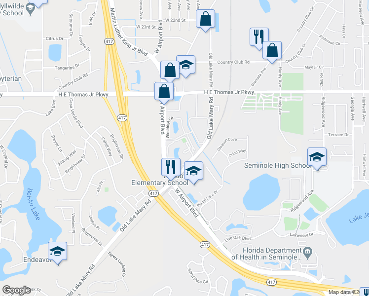 map of restaurants, bars, coffee shops, grocery stores, and more near 1627 South Pine Ridge Circle in Sanford