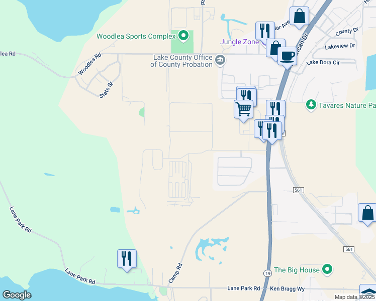 map of restaurants, bars, coffee shops, grocery stores, and more near 2100 Shantiniketan Boulevard in Tavares