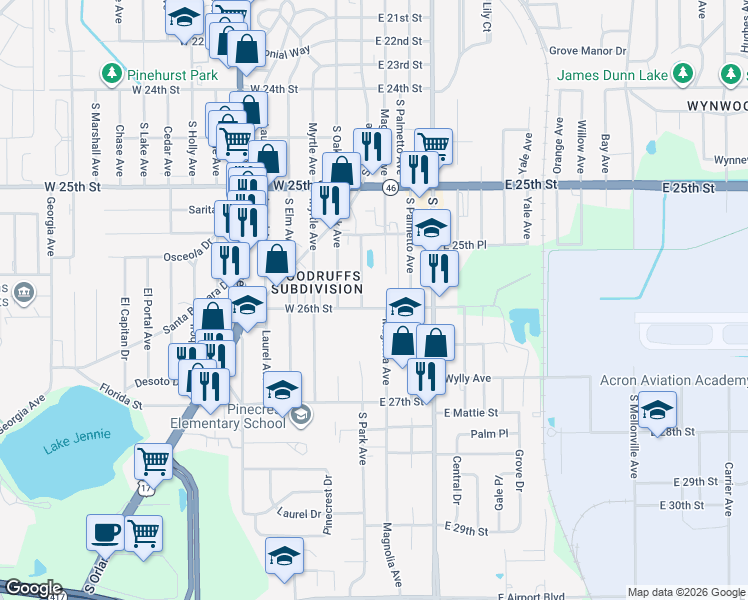 map of restaurants, bars, coffee shops, grocery stores, and more near 2575 Park Drive in Sanford