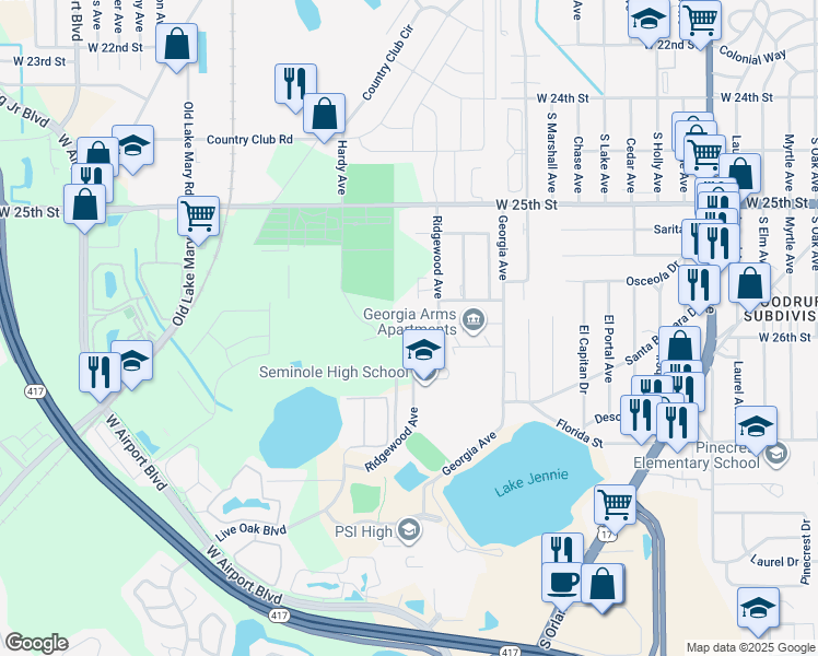 map of restaurants, bars, coffee shops, grocery stores, and more near 2580 Ridgewood Avenue in Sanford