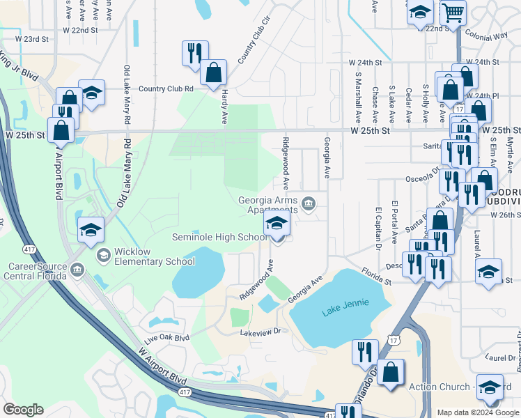 map of restaurants, bars, coffee shops, grocery stores, and more near 2580 Ridgewood Avenue in Sanford