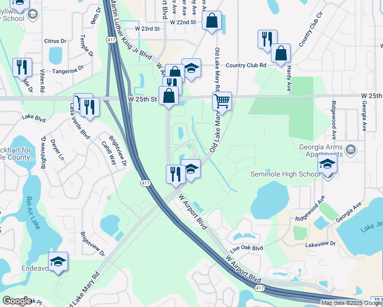 map of restaurants, bars, coffee shops, grocery stores, and more near 1328 South Pine Ridge Circle in Sanford