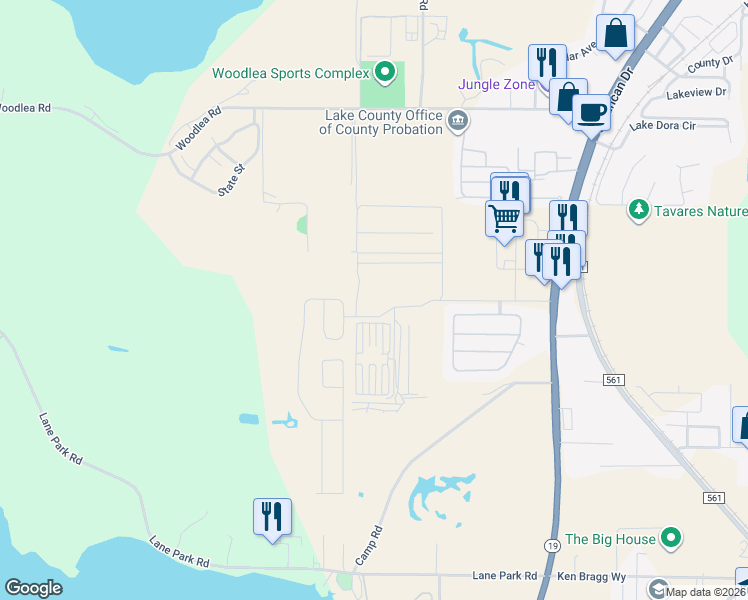 map of restaurants, bars, coffee shops, grocery stores, and more near 2100 Shantiniketan Boulevard in Tavares