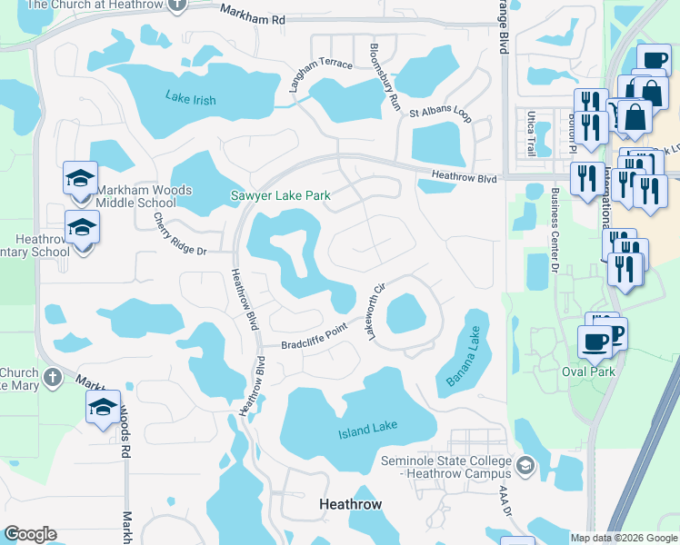 map of restaurants, bars, coffee shops, grocery stores, and more near 986 Kersfield Circle in Lake Mary