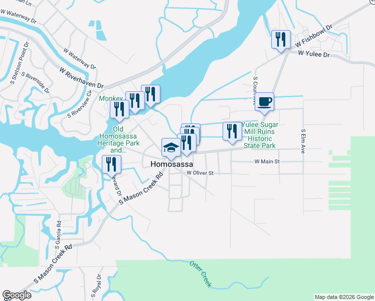map of restaurants, bars, coffee shops, grocery stores, and more near 10844 West Yulee Drive in Homosassa