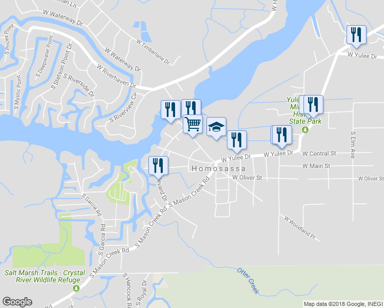 map of restaurants, bars, coffee shops, grocery stores, and more near 5449 South Park Hill Way in Homosassa
