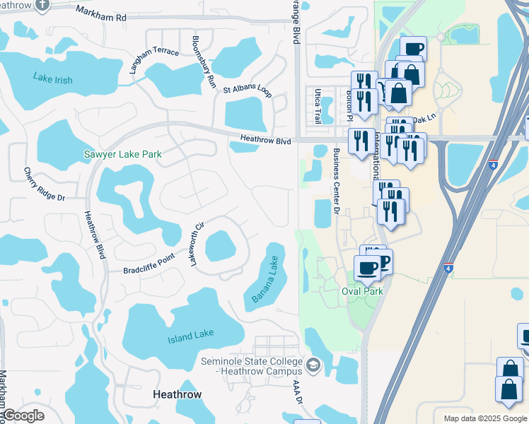 map of restaurants, bars, coffee shops, grocery stores, and more near Sherbourne Circle in Heathrow