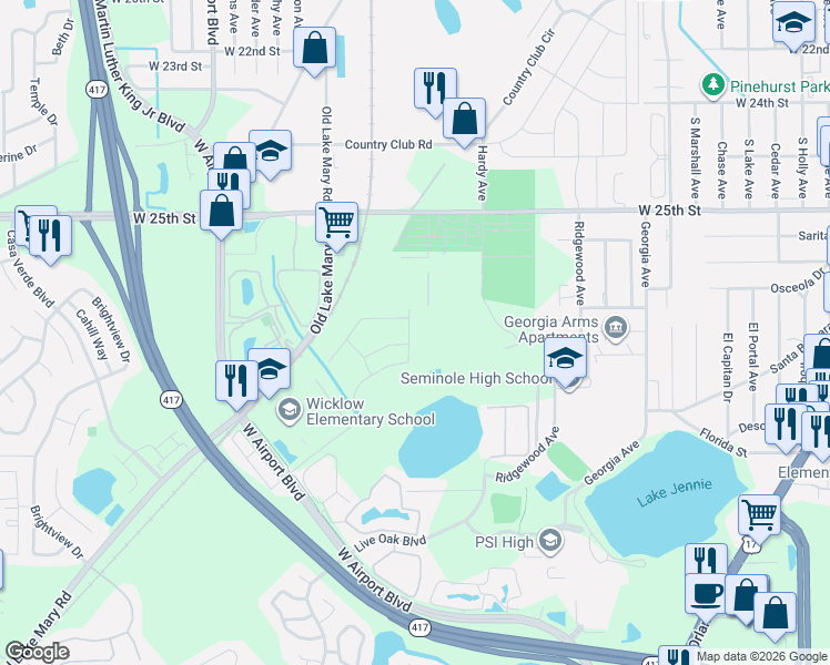 map of restaurants, bars, coffee shops, grocery stores, and more near 353 Placid Lake Drive in Sanford