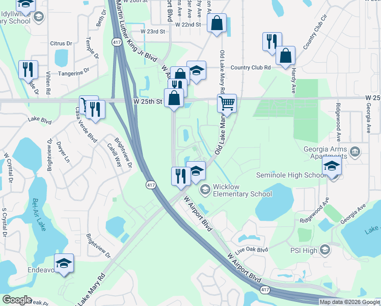 map of restaurants, bars, coffee shops, grocery stores, and more near 1328 South Pine Ridge Circle in Sanford