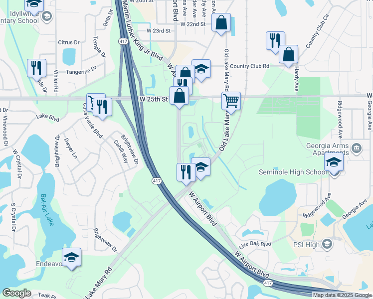 map of restaurants, bars, coffee shops, grocery stores, and more near 928 South Pine Ridge Circle in Sanford