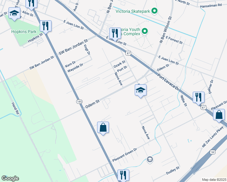 map of restaurants, bars, coffee shops, grocery stores, and more near 2303 Odem Street in Victoria