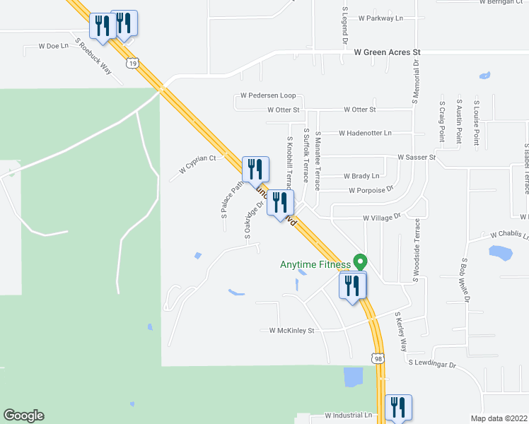 map of restaurants, bars, coffee shops, grocery stores, and more near 5451 South Oakridge Drive in Homosassa