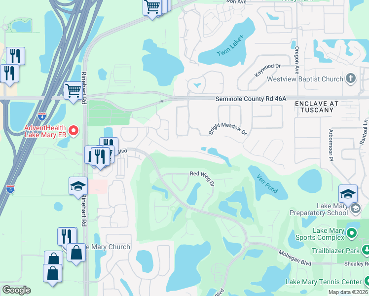 map of restaurants, bars, coffee shops, grocery stores, and more near 845 Eagle Claw Court in Lake Mary