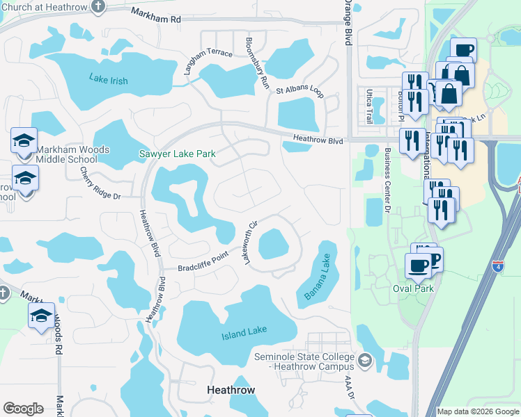 map of restaurants, bars, coffee shops, grocery stores, and more near 846 Lakeworth Circle in Lake Mary