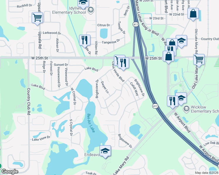 map of restaurants, bars, coffee shops, grocery stores, and more near 2580 Alena Place in Lake Mary