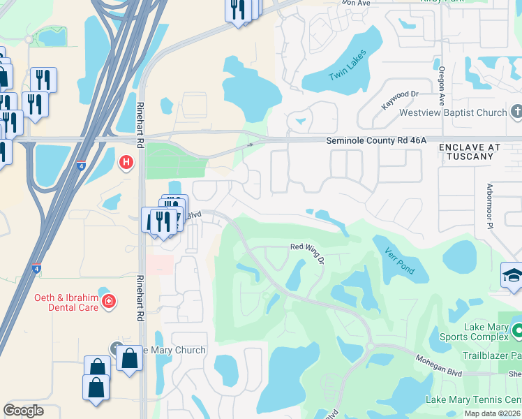 map of restaurants, bars, coffee shops, grocery stores, and more near 829 Eagle Claw Court in Lake Mary