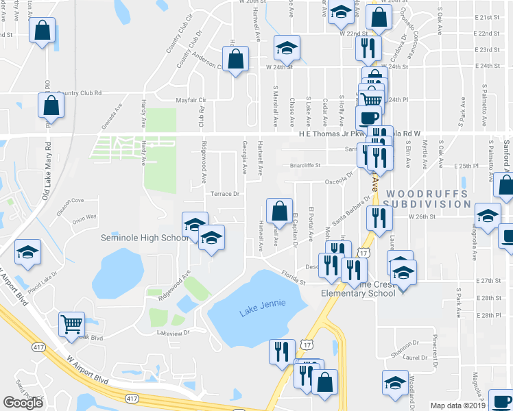map of restaurants, bars, coffee shops, grocery stores, and more near 2590 Hartwell Avenue in Sanford