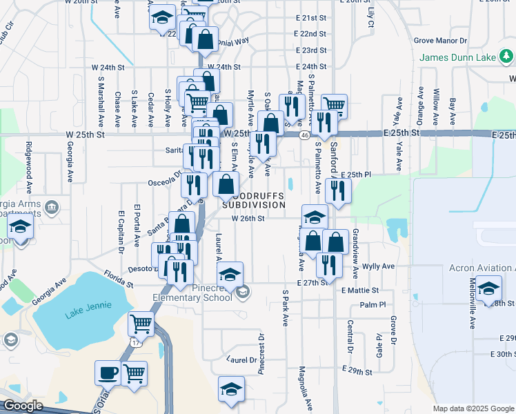 map of restaurants, bars, coffee shops, grocery stores, and more near 301 West 26th Street in Sanford