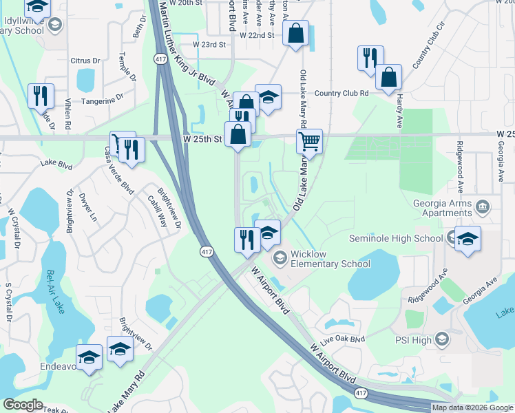 map of restaurants, bars, coffee shops, grocery stores, and more near 928 South Pine Ridge Circle in Sanford