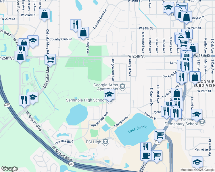 map of restaurants, bars, coffee shops, grocery stores, and more near 1709 Ridgewood Lane in Sanford