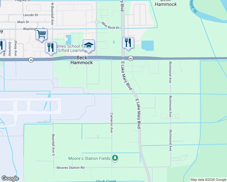 map of restaurants, bars, coffee shops, grocery stores, and more near 2585 Cameron Avenue in Sanford