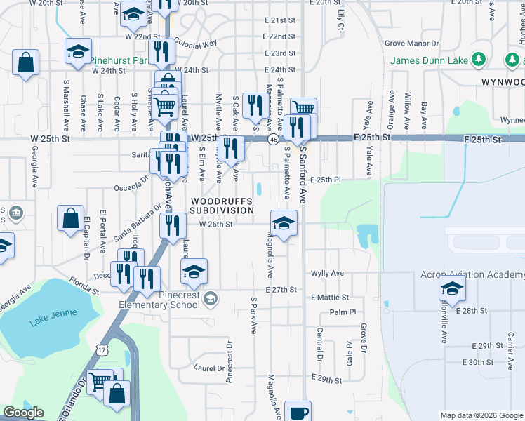 map of restaurants, bars, coffee shops, grocery stores, and more near 2552 Magnolia Avenue in Sanford