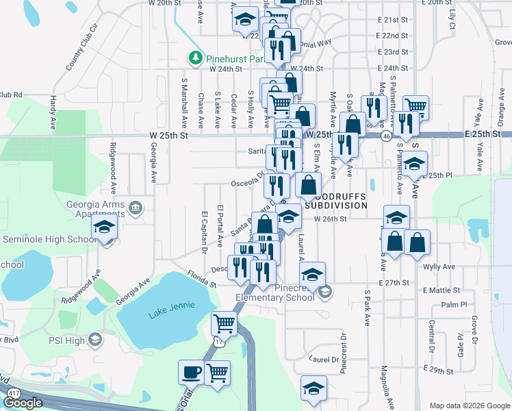map of restaurants, bars, coffee shops, grocery stores, and more near 2532 Hiawatha Avenue in Sanford