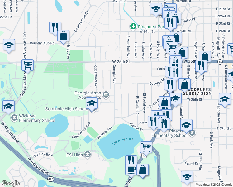 map of restaurants, bars, coffee shops, grocery stores, and more near A Hartwell Avenue in Sanford