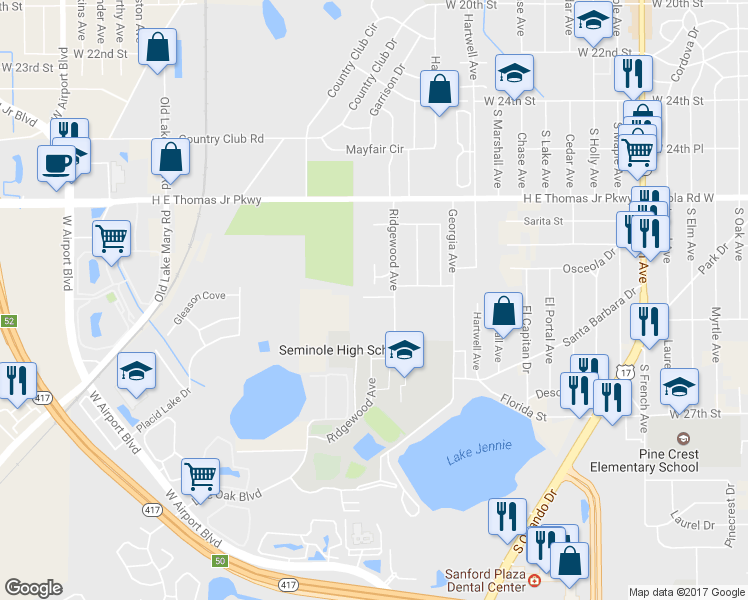 map of restaurants, bars, coffee shops, grocery stores, and more near 1708 Ridgewood Lane in Sanford