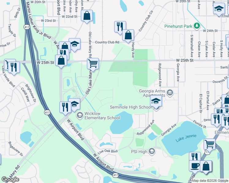 map of restaurants, bars, coffee shops, grocery stores, and more near 2141 West 25th Place in Sanford