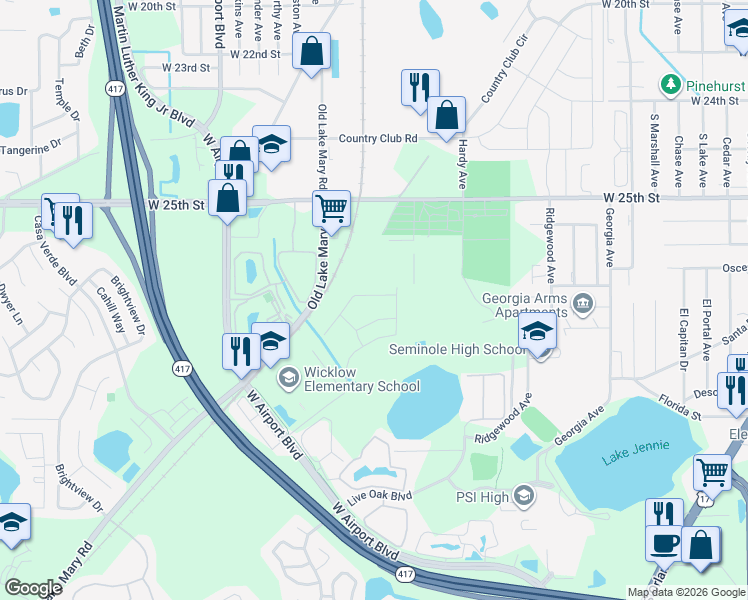 map of restaurants, bars, coffee shops, grocery stores, and more near 106 Gleason Cove in Sanford