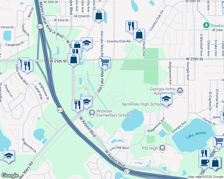 map of restaurants, bars, coffee shops, grocery stores, and more near 128 Gleason Cove in Sanford
