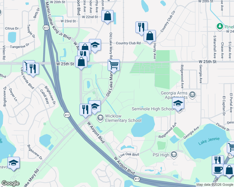 map of restaurants, bars, coffee shops, grocery stores, and more near 128 Gleason Cove in Sanford