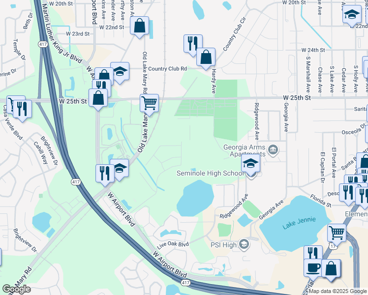 map of restaurants, bars, coffee shops, grocery stores, and more near 2141 West 25th Place in Sanford