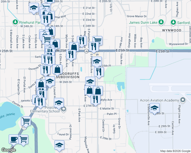 map of restaurants, bars, coffee shops, grocery stores, and more near 2547 South Palmetto Avenue in Sanford