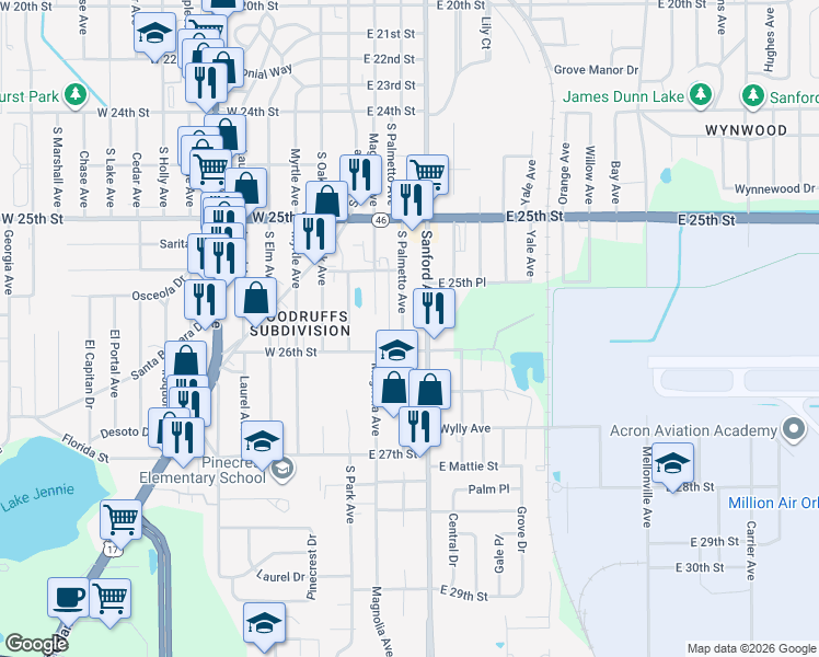 map of restaurants, bars, coffee shops, grocery stores, and more near 2547 South Palmetto Avenue in Sanford