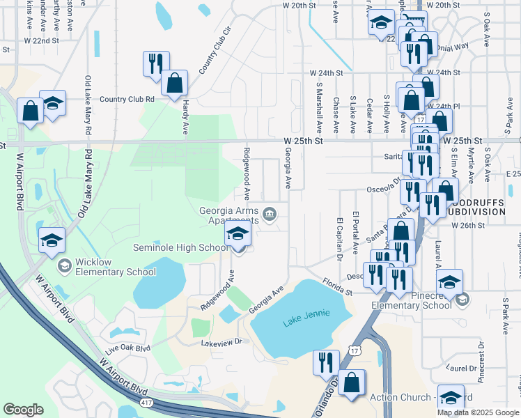 map of restaurants, bars, coffee shops, grocery stores, and more near 2547 Ridgewood Avenue in Sanford