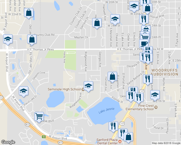 map of restaurants, bars, coffee shops, grocery stores, and more near 2547 Ridgewood Avenue in Sanford