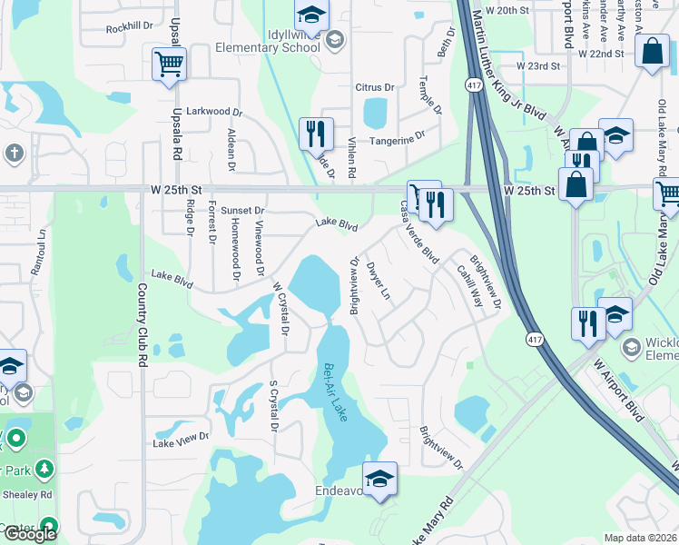 map of restaurants, bars, coffee shops, grocery stores, and more near 178 Brightview Drive in Lake Mary
