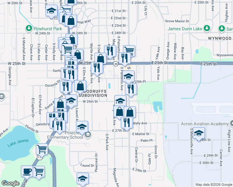 map of restaurants, bars, coffee shops, grocery stores, and more near 2552 Magnolia Avenue in Sanford