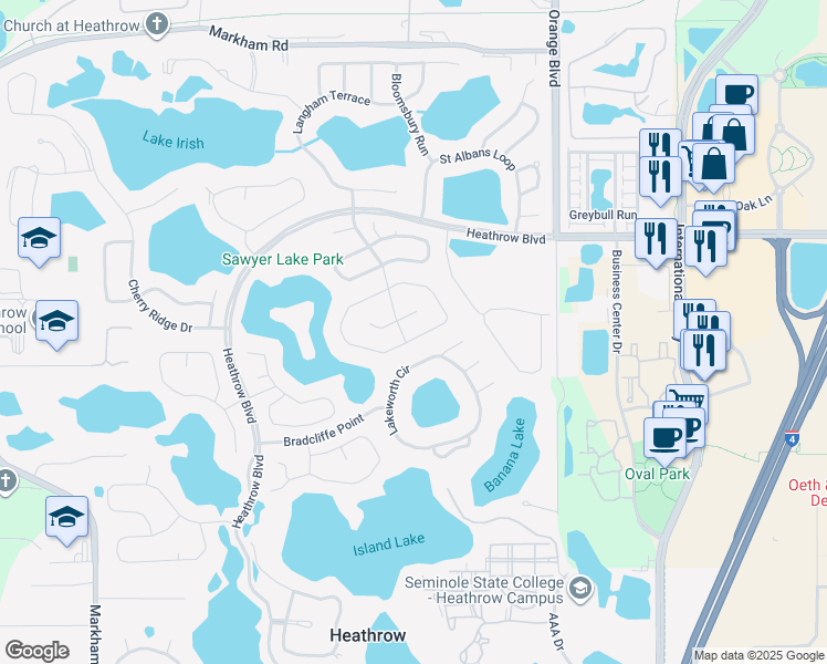 map of restaurants, bars, coffee shops, grocery stores, and more near 1071 Kersfield Circle in Lake Mary