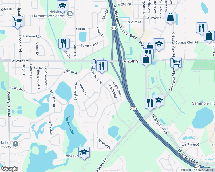 map of restaurants, bars, coffee shops, grocery stores, and more near 2636 Cahill Way in Lake Mary