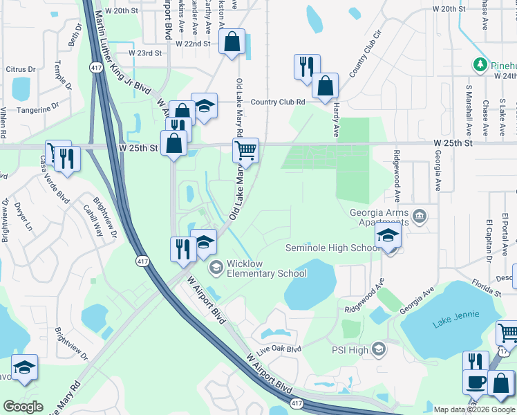 map of restaurants, bars, coffee shops, grocery stores, and more near 128 Gleason Cove in Sanford