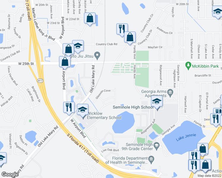 map of restaurants, bars, coffee shops, grocery stores, and more near 106 Gleason Cove in Sanford