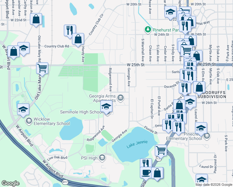 map of restaurants, bars, coffee shops, grocery stores, and more near 2547 Ridgewood Avenue in Sanford
