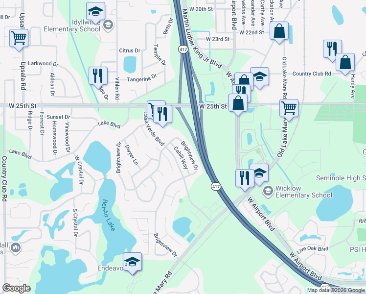 map of restaurants, bars, coffee shops, grocery stores, and more near 490 Brightview Drive in Lake Mary